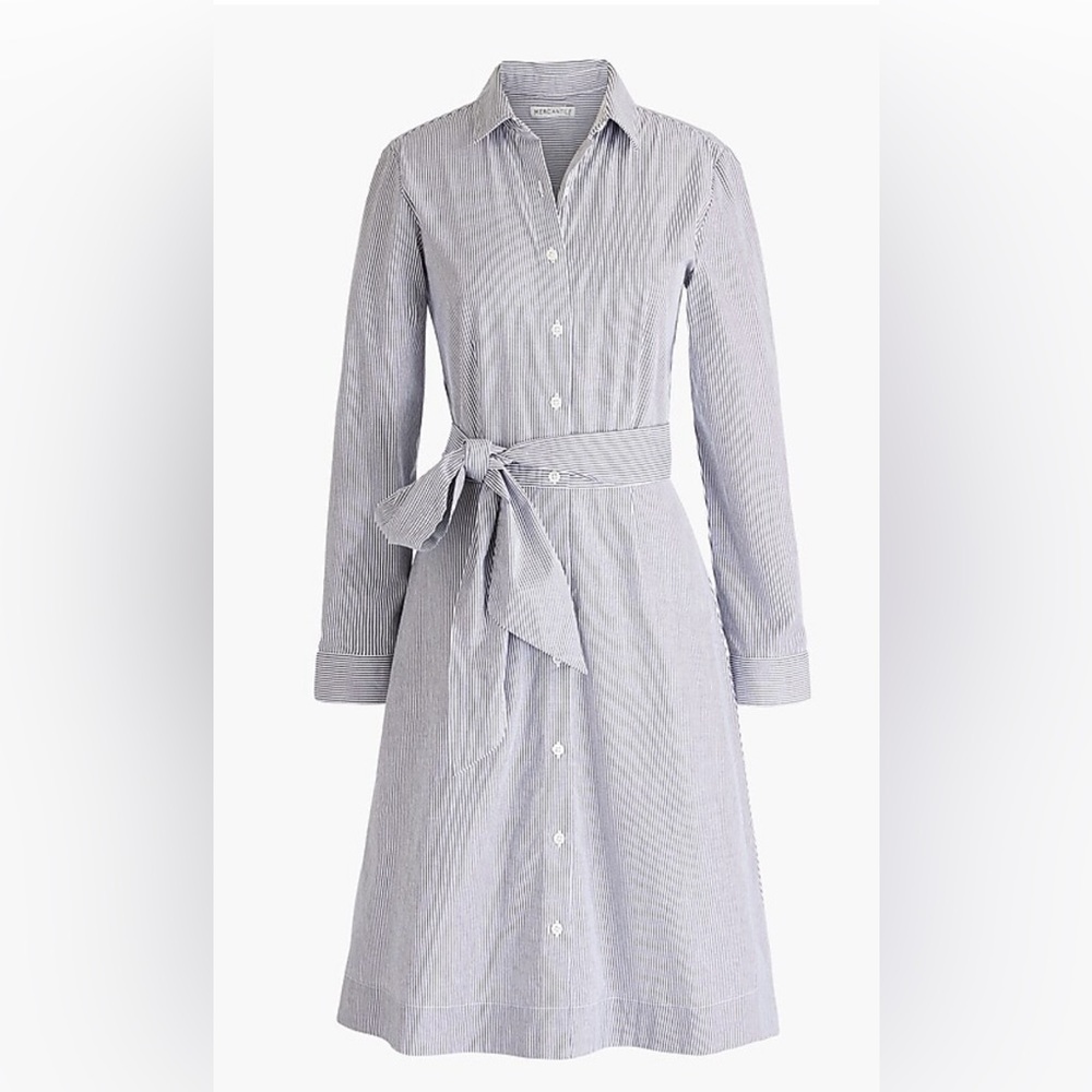 J Crew Navy Blue White Stripe Tie-Waist Shirt Dress